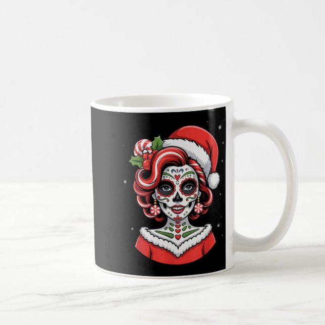 Christmas Sugar Skull Art Woman Santa Hat Festive  Coffee Mug (Right)