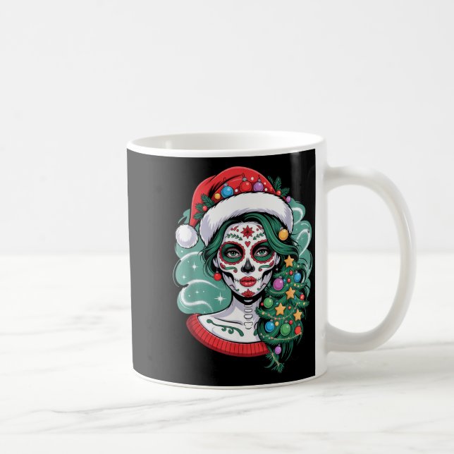 Christmas Sugar Skull Art Woman Santa Hat Festive  Coffee Mug (Right)