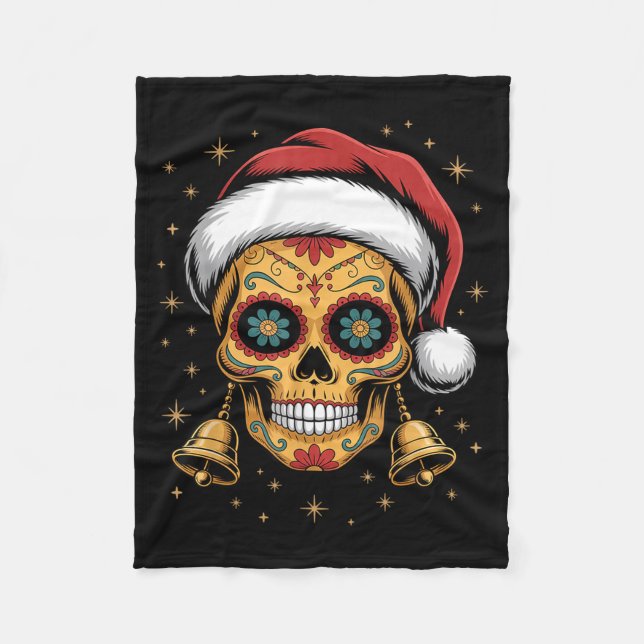 Christmas Sugar Skull Art Woman Santa Hat Festive  Fleece Blanket (Front)