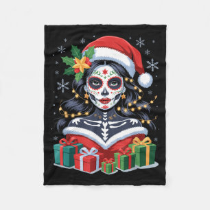 Christmas Sugar Skull Art Woman Santa Hat Festive  Fleece Blanket