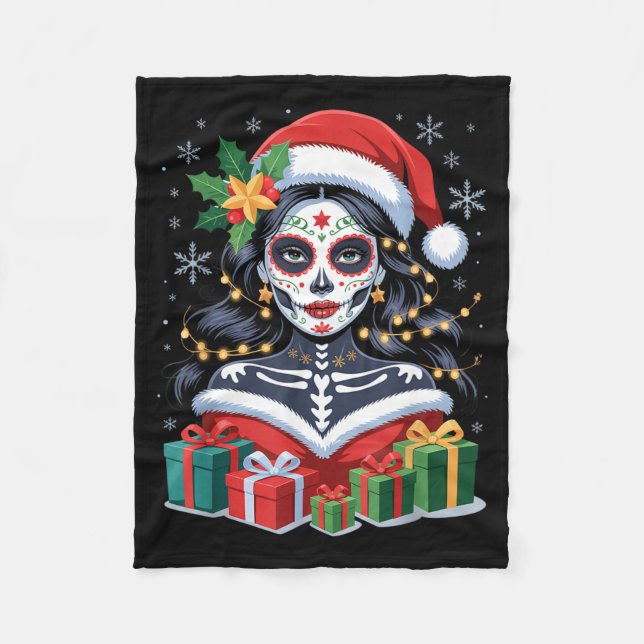 Christmas Sugar Skull Art Woman Santa Hat Festive  Fleece Blanket (Front)