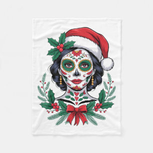 Christmas Sugar Skull Art Woman Santa Hat Festive  Fleece Blanket