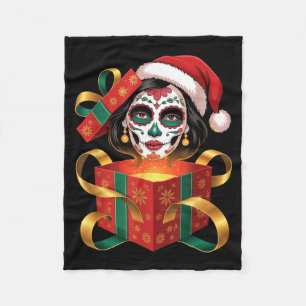 Christmas Sugar Skull Art Woman Santa Hat Festive  Fleece Blanket