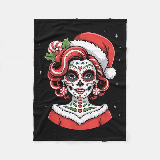 Christmas Sugar Skull Art Woman Santa Hat Festive  Fleece Blanket (Front)
