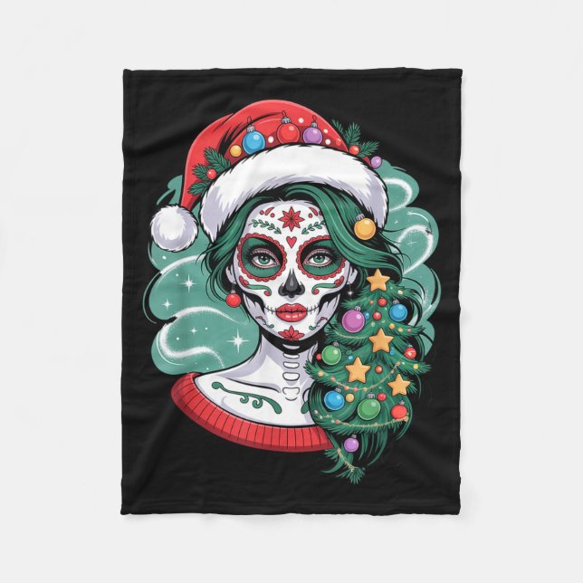 Christmas Sugar Skull Art Woman Santa Hat Festive  Fleece Blanket (Front)