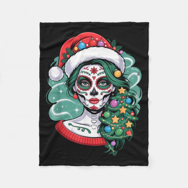 Christmas Sugar Skull Art Woman Santa Hat Festive  Fleece Blanket (Front)
