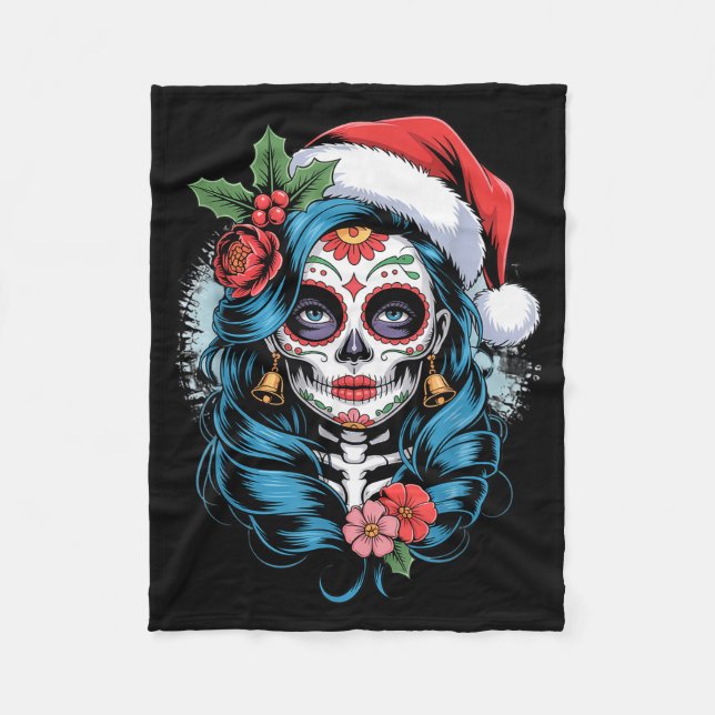 Christmas Sugar Skull Art Woman Santa Hat Festive  Fleece Blanket (Front)