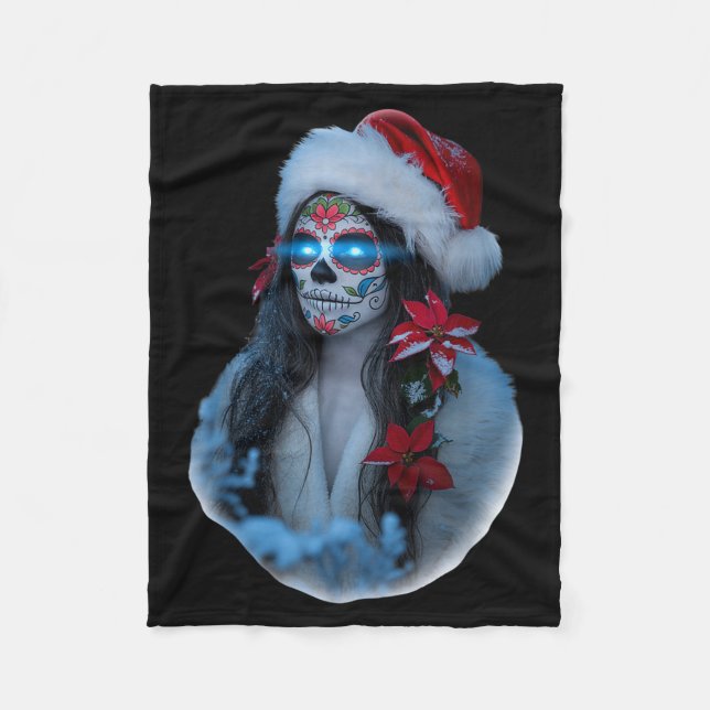 Christmas Sugar Skull Art Woman Santa Hat Festive  Fleece Blanket (Front)