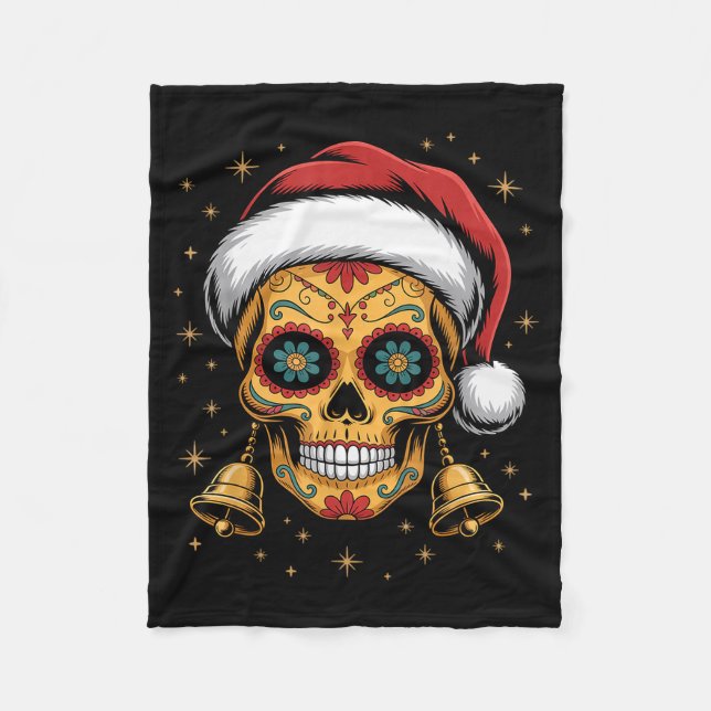 Christmas Sugar Skull Art Woman Santa Hat Festive  Fleece Blanket (Front)