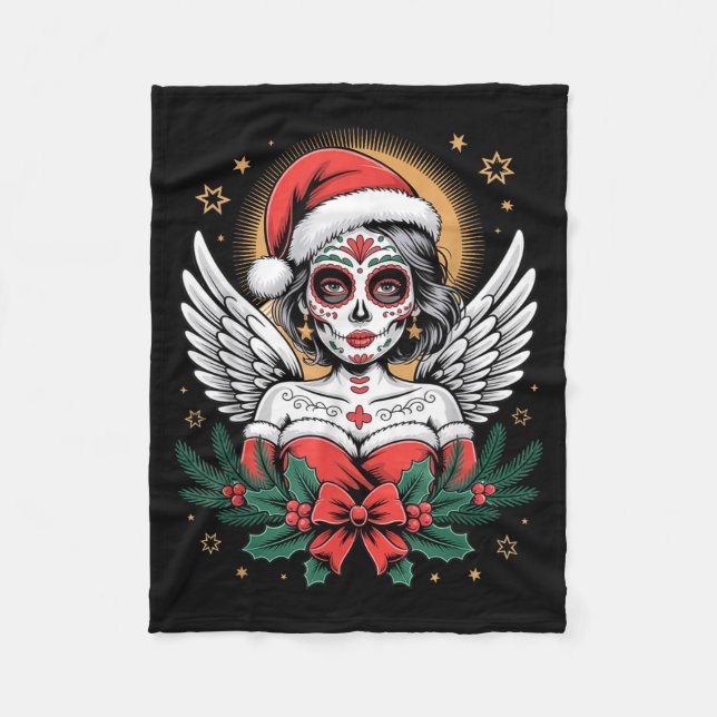 Christmas Sugar Skull Art Woman Santa Hat Festive  Fleece Blanket (Front)