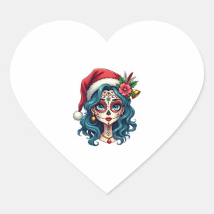 Christmas Sugar Skull Art Woman Santa Hat Festive Heart Sticker