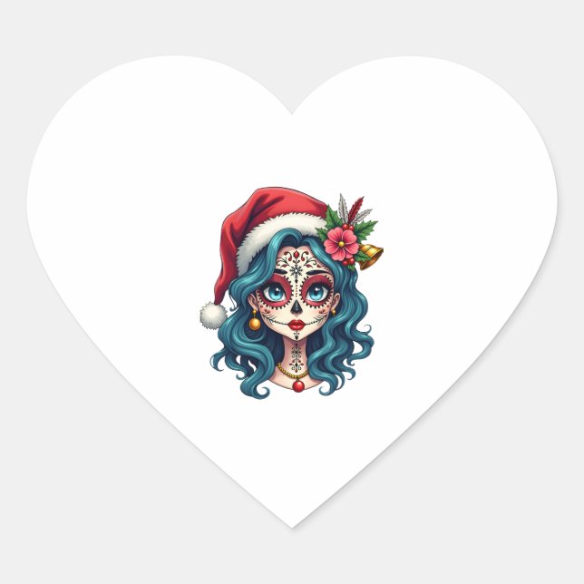 Christmas Sugar Skull Art Woman Santa Hat Festive  Heart Sticker (Front)