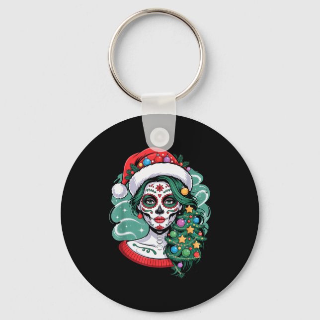 Christmas Sugar Skull Art Woman Santa Hat Festive  Key Ring (Front)
