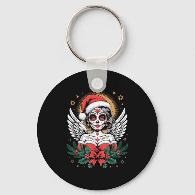 Christmas Sugar Skull Art Woman Santa Hat Festive  Key Ring (Front)