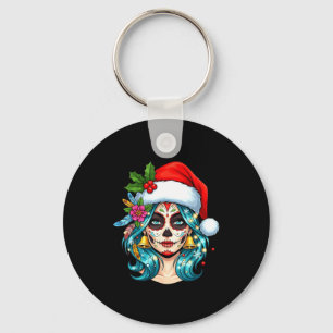 Christmas Sugar Skull Art Woman Santa Hat Festive Key Ring
