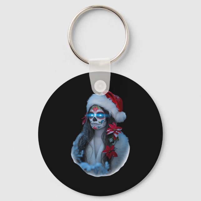 Christmas Sugar Skull Art Woman Santa Hat Festive  Key Ring (Front)