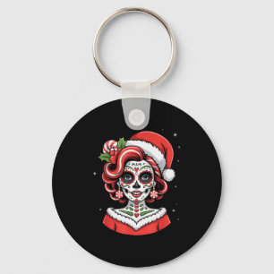 Christmas Sugar Skull Art Woman Santa Hat Festive Key Ring