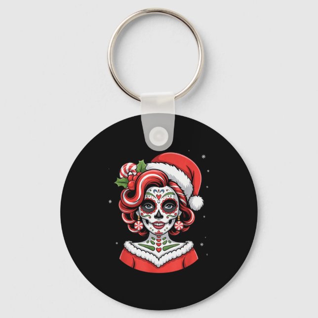 Christmas Sugar Skull Art Woman Santa Hat Festive  Key Ring (Front)