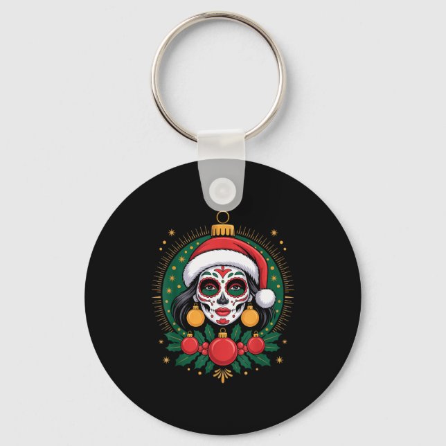 Christmas Sugar Skull Art Woman Santa Hat Festive  Key Ring (Front)