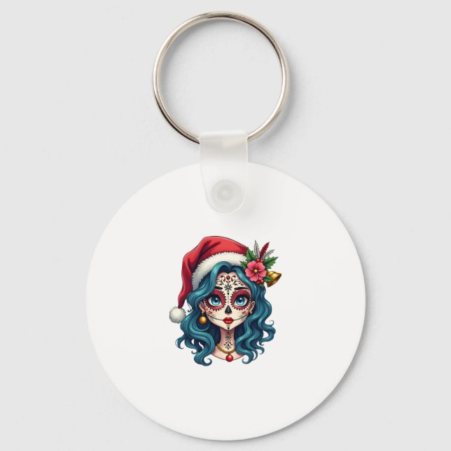 Christmas Sugar Skull Art Woman Santa Hat Festive  Key Ring (Front)