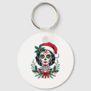 Christmas Sugar Skull Art Woman Santa Hat Festive Key Ring