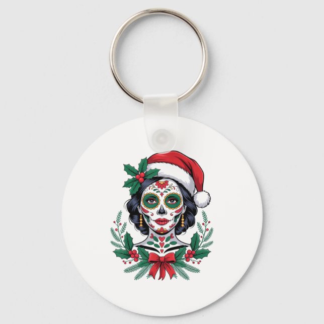 Christmas Sugar Skull Art Woman Santa Hat Festive  Key Ring (Front)