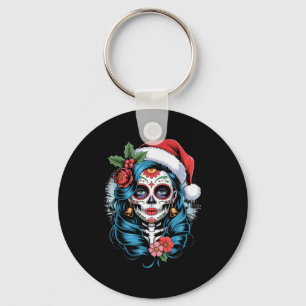 Christmas Sugar Skull Art Woman Santa Hat Festive Key Ring