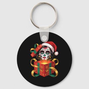 Christmas Sugar Skull Art Woman Santa Hat Festive Key Ring
