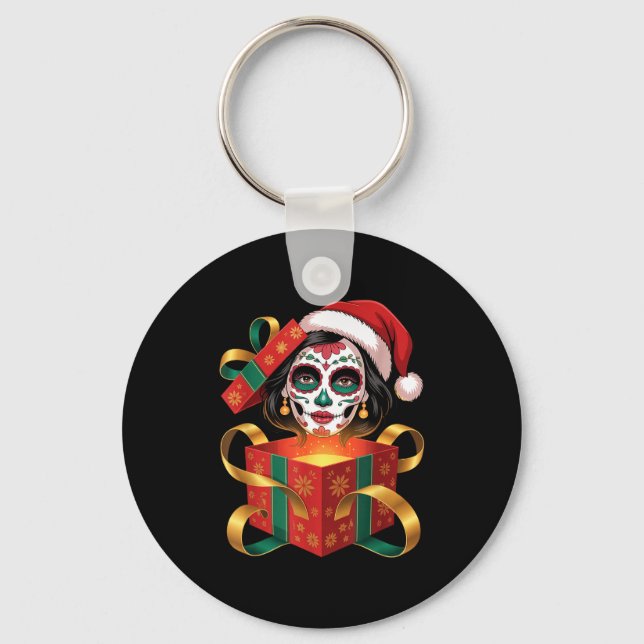 Christmas Sugar Skull Art Woman Santa Hat Festive  Key Ring (Front)