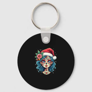 Christmas Sugar Skull Art Woman Santa Hat Festive Key Ring