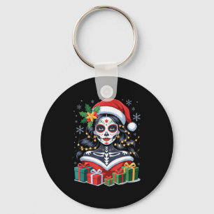 Christmas Sugar Skull Art Woman Santa Hat Festive Key Ring