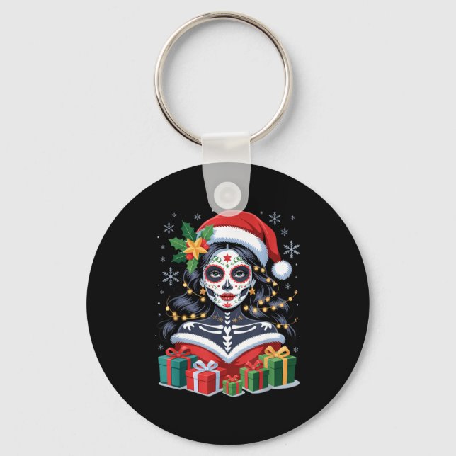 Christmas Sugar Skull Art Woman Santa Hat Festive  Key Ring (Front)