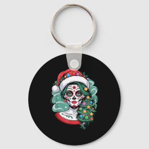 Christmas Sugar Skull Art Woman Santa Hat Festive Key Ring