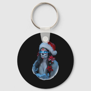 Christmas Sugar Skull Art Woman Santa Hat Festive Key Ring