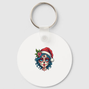 Christmas Sugar Skull Art Woman Santa Hat Festive Key Ring