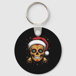 Christmas Sugar Skull Art Woman Santa Hat Festive Key Ring