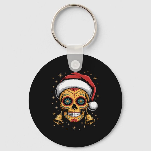 Christmas Sugar Skull Art Woman Santa Hat Festive  Key Ring (Front)