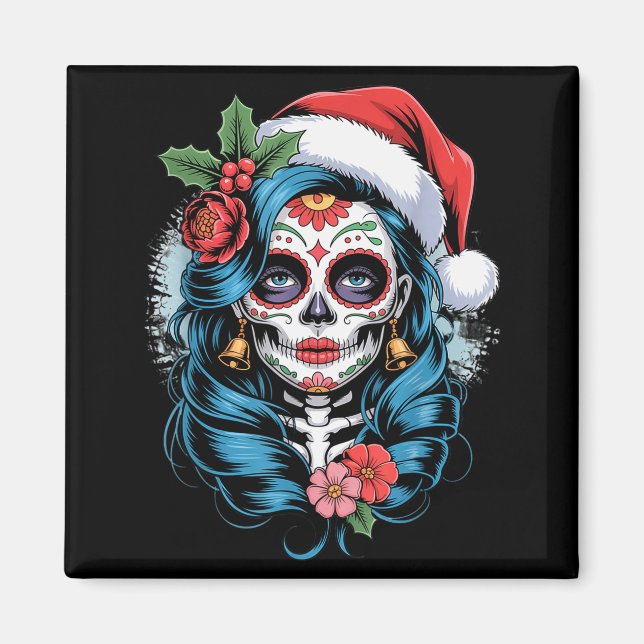 Christmas Sugar Skull Art Woman Santa Hat Festive  Magnet (Front)