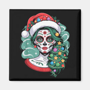 Christmas Sugar Skull Art Woman Santa Hat Festive Magnet