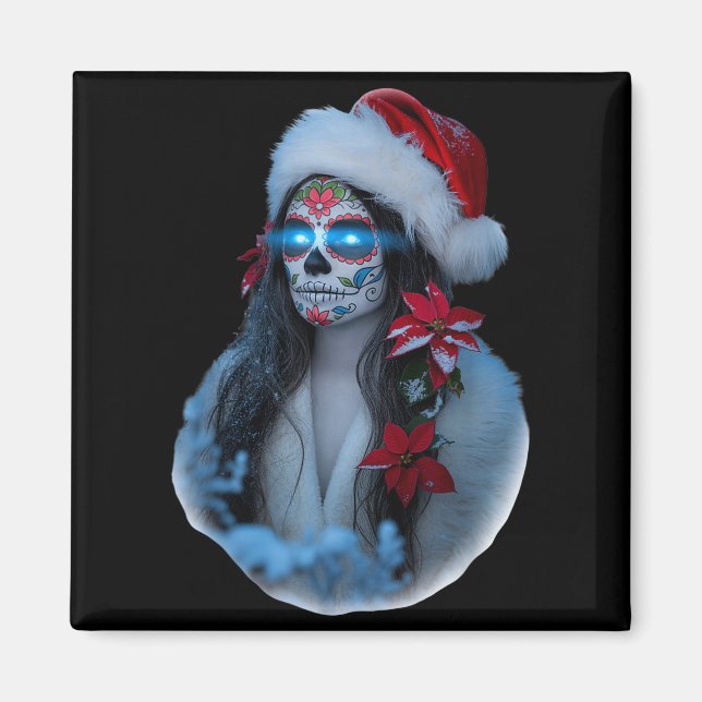 Christmas Sugar Skull Art Woman Santa Hat Festive  Magnet (Front)