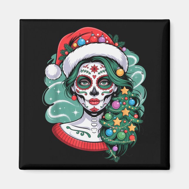Christmas Sugar Skull Art Woman Santa Hat Festive  Magnet (Front)