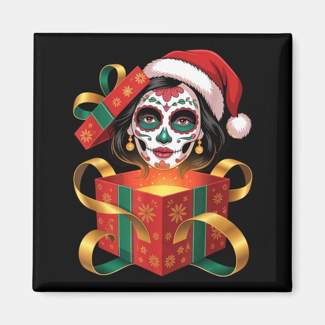 Christmas Sugar Skull Art Woman Santa Hat Festive  Magnet (Front)