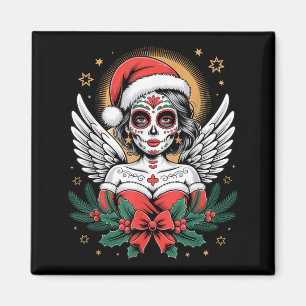 Christmas Sugar Skull Art Woman Santa Hat Festive Magnet