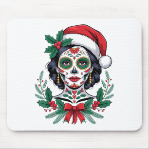 Christmas Sugar Skull Art Woman Santa Hat Festive Mouse Mat