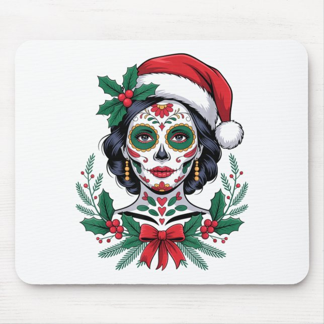 Christmas Sugar Skull Art Woman Santa Hat Festive  Mouse Mat (Front)