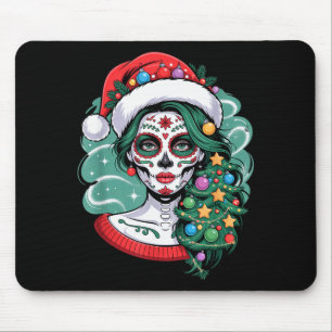 Christmas Sugar Skull Art Woman Santa Hat Festive  Mouse Mat
