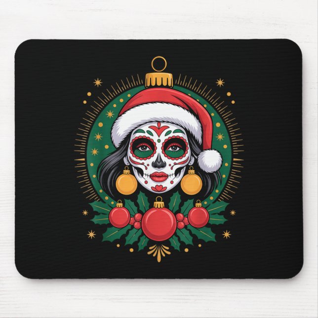 Christmas Sugar Skull Art Woman Santa Hat Festive  Mouse Mat (Front)