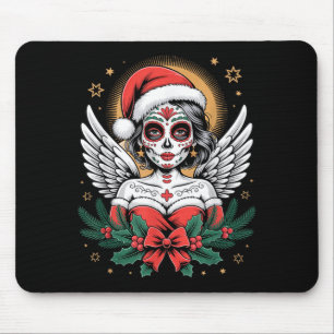 Christmas Sugar Skull Art Woman Santa Hat Festive Mouse Mat