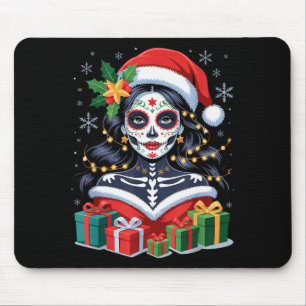 Christmas Sugar Skull Art Woman Santa Hat Festive Mouse Mat