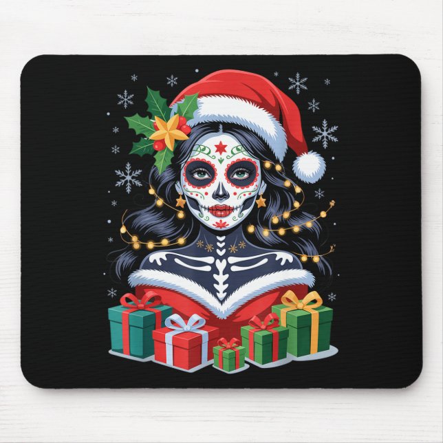 Christmas Sugar Skull Art Woman Santa Hat Festive  Mouse Mat (Front)